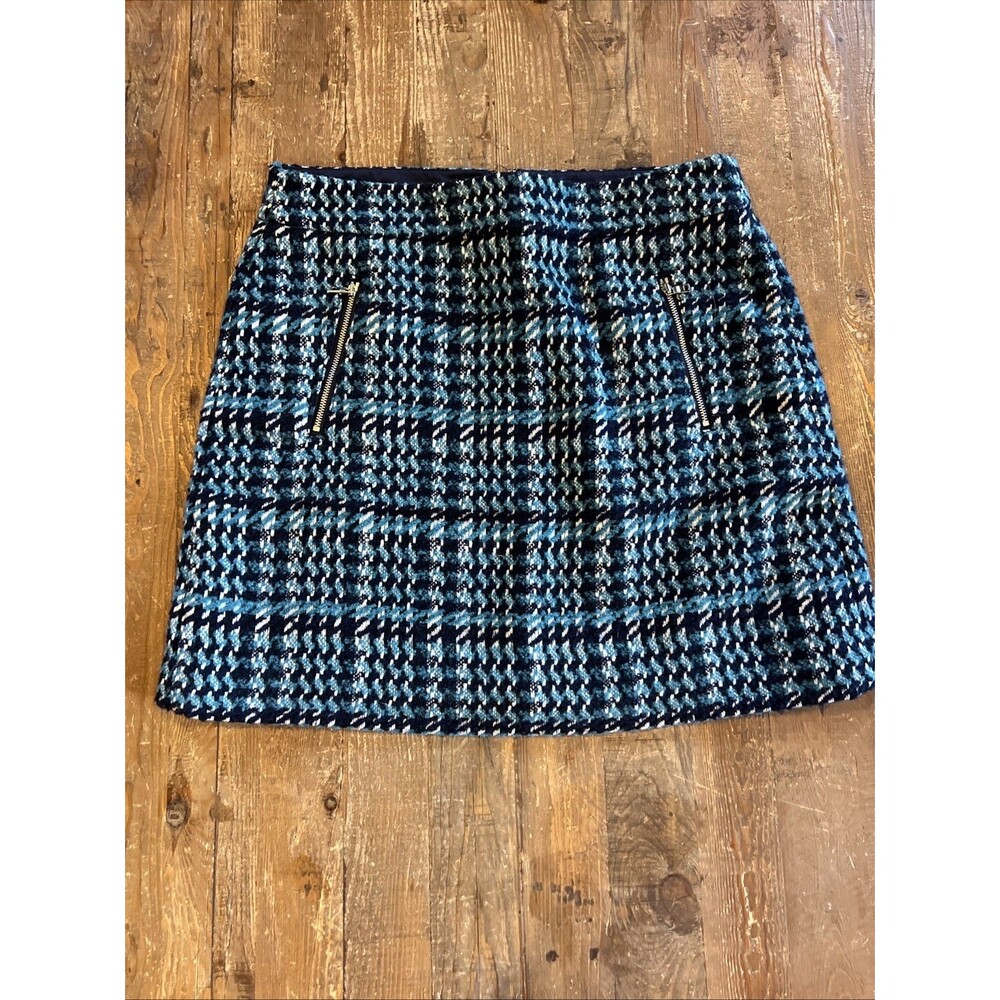 LOFT Women's Skirt Size 10 Blue Plaid Houndstooth Tweed Mini A-Line Zipper